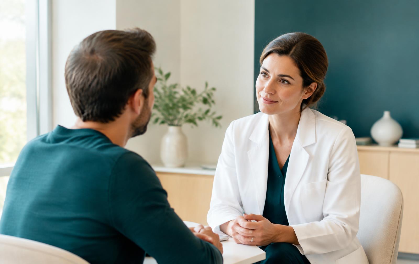 Ärztin im Beratungsgespräch mit einem Patienten (Symbolbild)